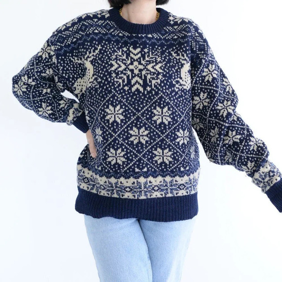 Vintage Environmental  Clothing Co Made USA 85% Wool Navy/ Cream Winter Design L - Picture 1 of 12